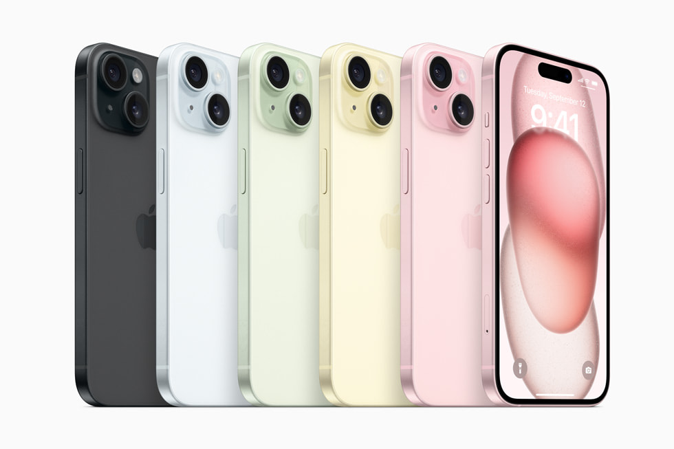 iPhone 15 and iPhone 15 Plus will be available in five stunning new colors: pink, yellow, green, blue, and black. Pre-orders begin Friday, September 15, with availability beginning Friday, September 22.