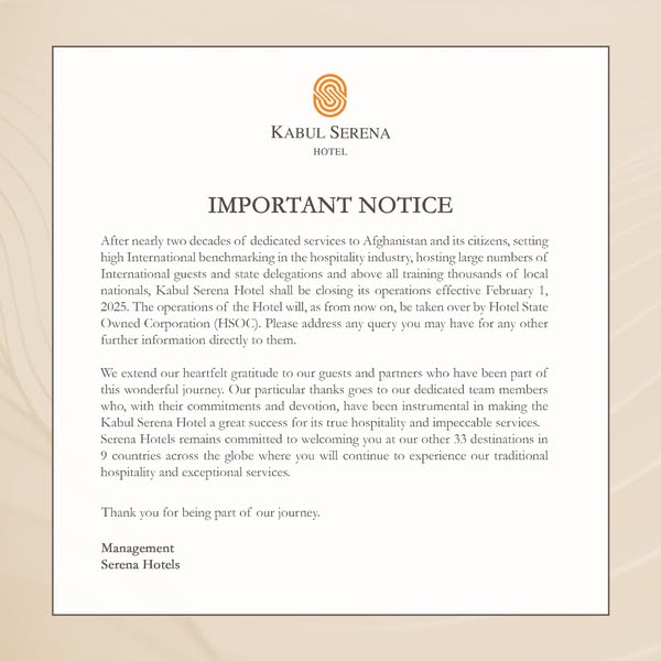 The iconic Serena Hotel in Kabul, Afghanistan, has closed its doors after the Taliban government took over its management.