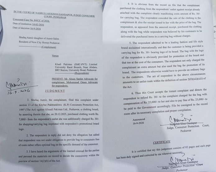 Khaadi Faces Rs50,000 Penalty Over Rs30 Shopping Bag Charge in Peshawar